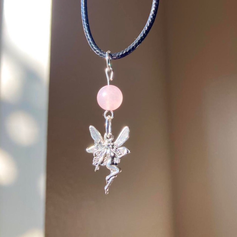Rose quartz gemstone crystal ball silver fairy pendant black cord necklace